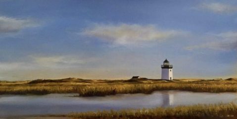 Lisa Linehan, "Wood End Light Provincetown", oil, 8x16, $900