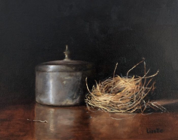 Patti Lizotte, "Nest and Tin", oil, 8x10, $300