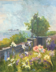 Katherine Mann, "June in the Garden at Harkness", oil, 14x11, $450