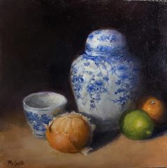Liane Philpotts, "Mandarin Tea", oil, 8x8, $275