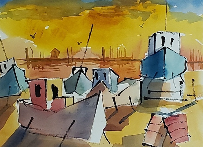 Richard Raicik, "Dry Dock at Sunset", watercolor, 16x20, $495