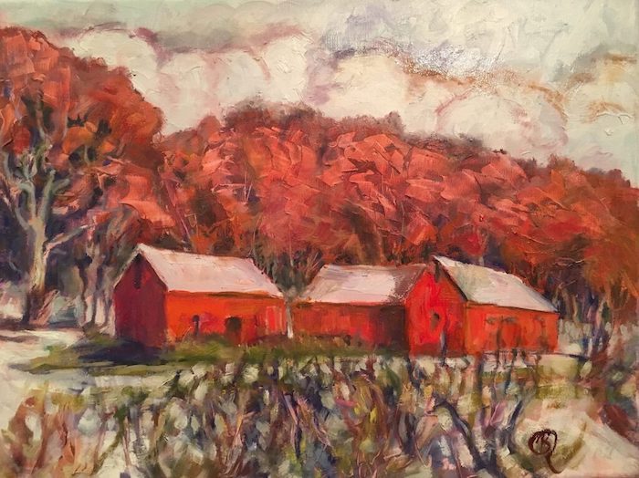 Barbara Rossitto, "Three Red barns", oil, 12x16, $700