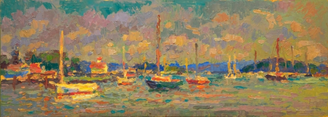 Leif Nilsson, "Essex Mooring Fields", oil, 9x24, $3,900