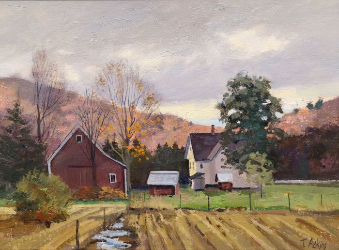 Thomas Adkins, "Farmhouse Fields - October", oil, 9 x 12, $950