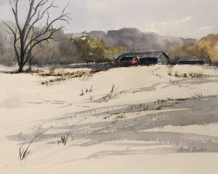 Sarah Baskin,"Tobacco Barns in Winter", watercolor, 11x14, $600