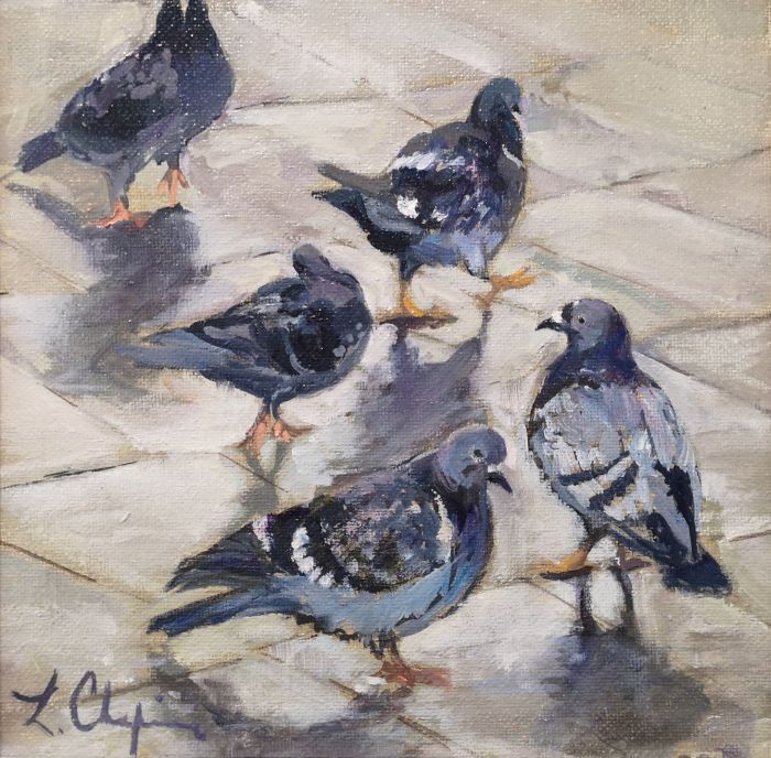 Lorraine Skelskey Chapin, "City Slickers", oil, 8 x 8, $375