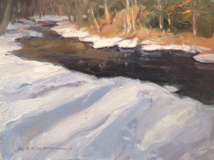 Rick Daskam, "Winter Stream", oil, 6 x 8, $650
