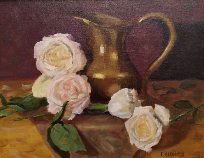 Ellen Hurley, "Brass Pitcher and Roses", oil, 11 x 14, $550 SOLD
