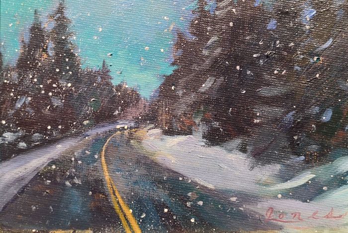Jacqueline Jones, "Headed Home, Christmas Eve", oil, 5 x 7, $500