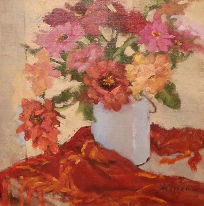 Barbara Maiser, "Garden Zinnias", oil, 9 x 9, $950