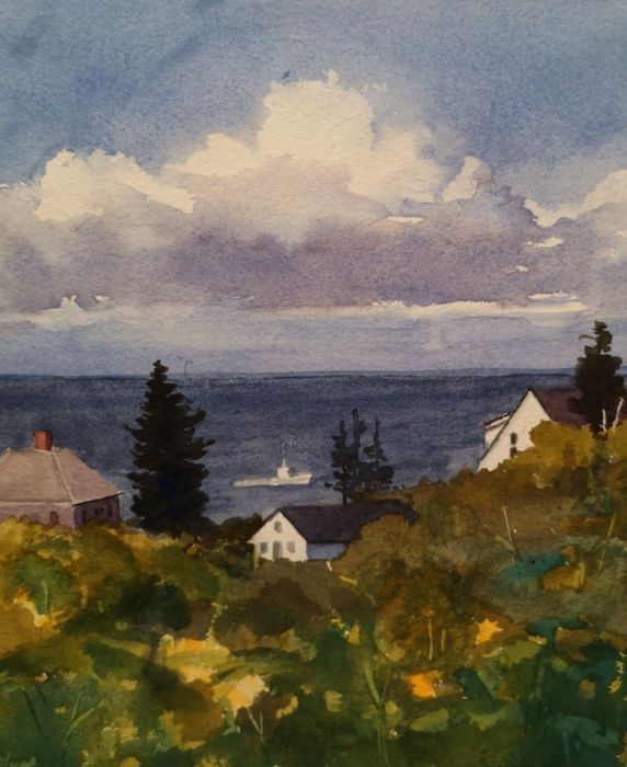 Joan McPherson, "Clouds Over Monhegan", watercolor, 16 x 15, $450