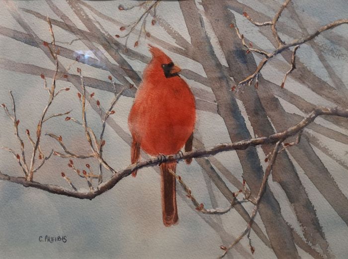 Cora Preibis, "Cardinal in Winter", watercolor, 18 x 22, $250, SOLD