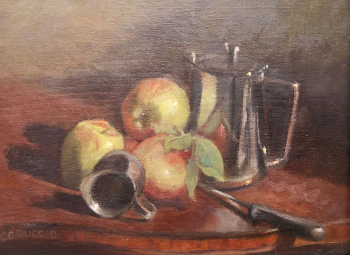 Catherine Puccio, "Apples and Silver", oil, 9 x 12, $675