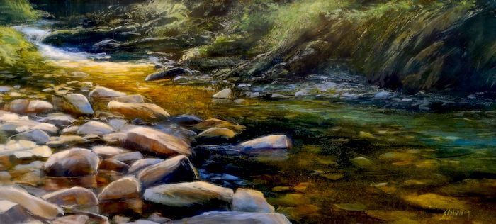 Janine Robertson, "Rolling Brook", oil on aluminum, 12x22, $1,500