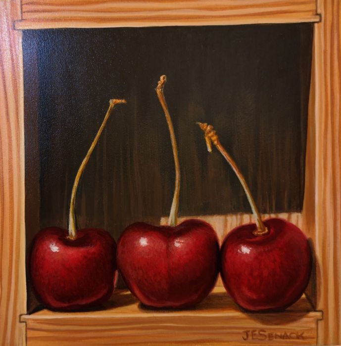 J. Elaine Senack, "Cherry Trio", acrylic, 6 x 6, $700