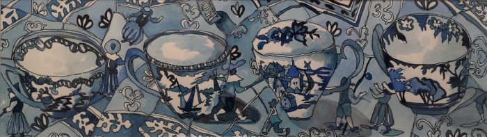 Claudia Van Nes, "4 Tea Cups", watercolor, 5 x 16, $475