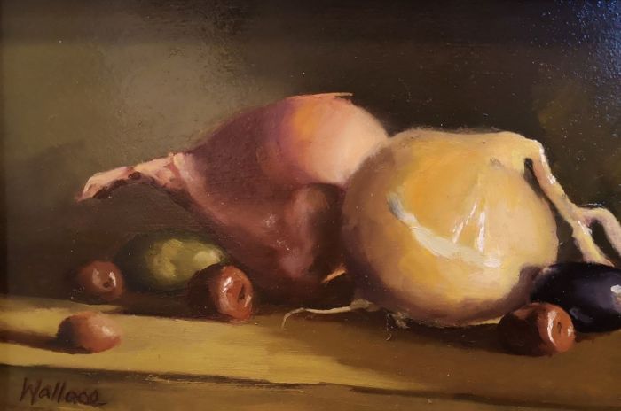 Joan Wallace, "Shallots and Olives", oil, 5 x 7, $400