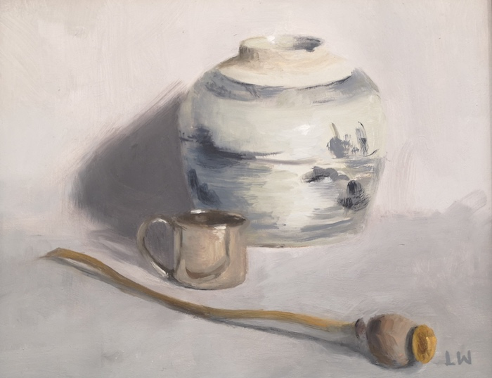 Linda Wilkinson, "Still Life on White Background", oil, 8 x 10, $250