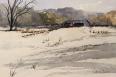 Sarah Baskin,"Tobacco Barns in Winter", watercolor, 11x14, $600