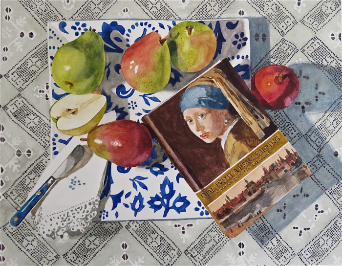 Potter_JeanneCarol_StillLifeWithPearsandVermeerBook_watercolor_11x14_1200