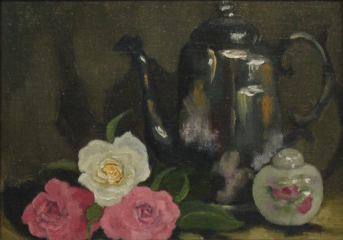 Carol Frieswick, "Roses and Old Silver", Oil, $265