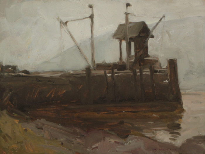 Rick Daskam, "Monhegan Dock in the Fog", Oil, $1,500
