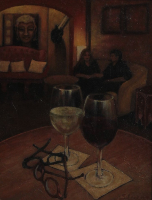 Sarah Stifler Lucas, "Perks and Corks", Oil, $595