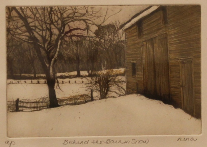 Nina Ritson, "Behind the Barn in Snow", Etching, $275