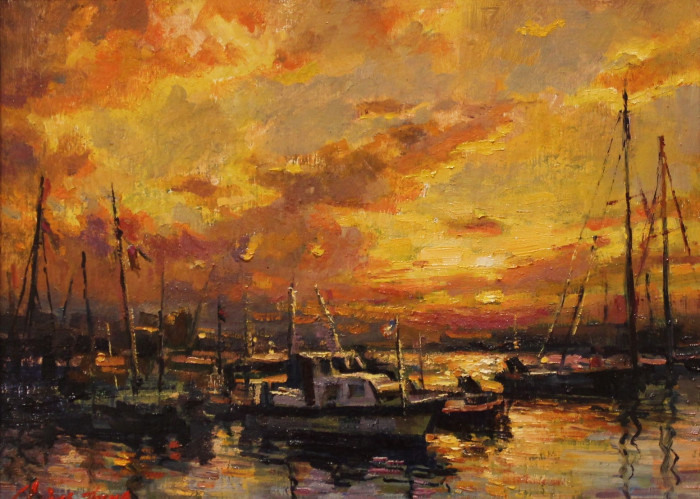 Christopher Zhang, "Harbour Sunset", Oil, $1,600