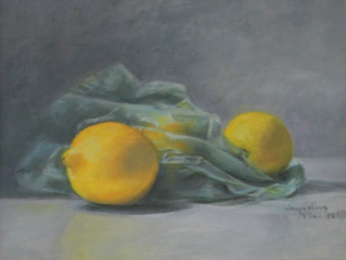 Jacqueline Phillips, "Lemons with Clear Bag", Oil, $750
