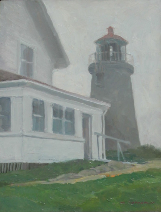 Rick  Daskam, "Lighthouse and Museum in the Fog", Oil, $1,200