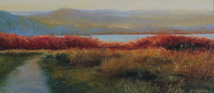 Janine Robertson, "Red Dusk", Oil on Aluminum, $650