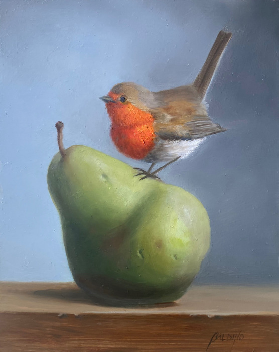 Patt Baldino, "Robin Perched on Pear", Oil, $993