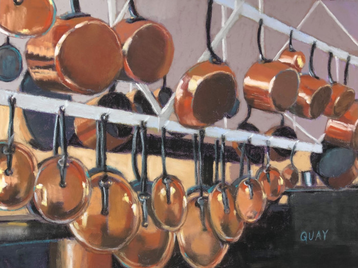 Heather  Quay, "Copper Pots", Pastel, $450