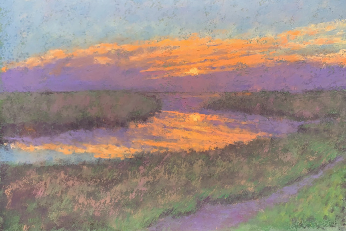 Kerry Coutu, "Sun Rising Over the Salt Marsh - Nauset", Pastel, $350