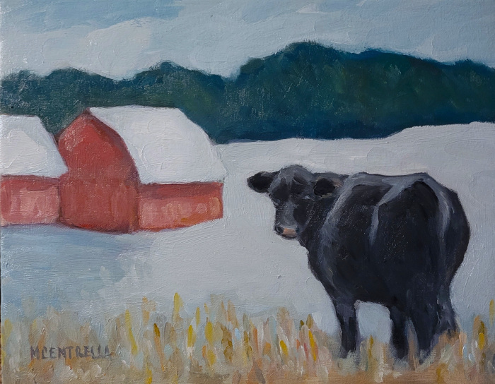 Michael Centrella, "Green Hills Red Barn Black Cow", Oil, $375