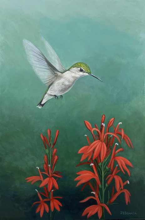 J. Elaine Senack, "Hummingbird and Cardinal Flowers", Acrylic, $1,550