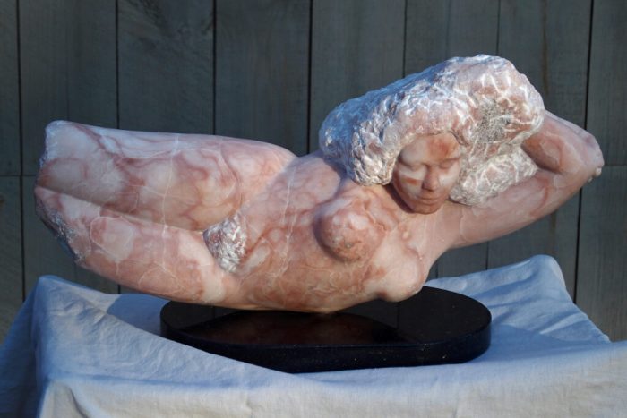 Josie Campbell Dellenbaugh, "Venus of the Curly Hair", alabaster, 24x12x10, $5,000