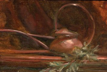 Alicia Melluzzo, "Copper Watering Can", oil, 4x6, $650