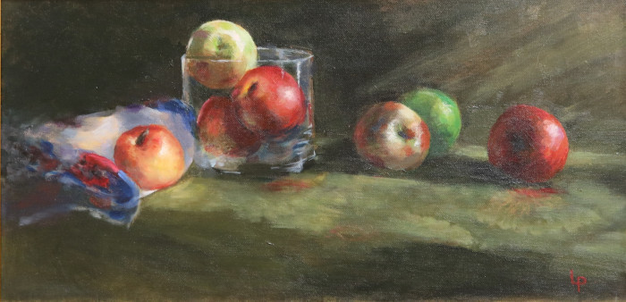 P. Laurie Pribble, "Glass of Apples", oil, $800