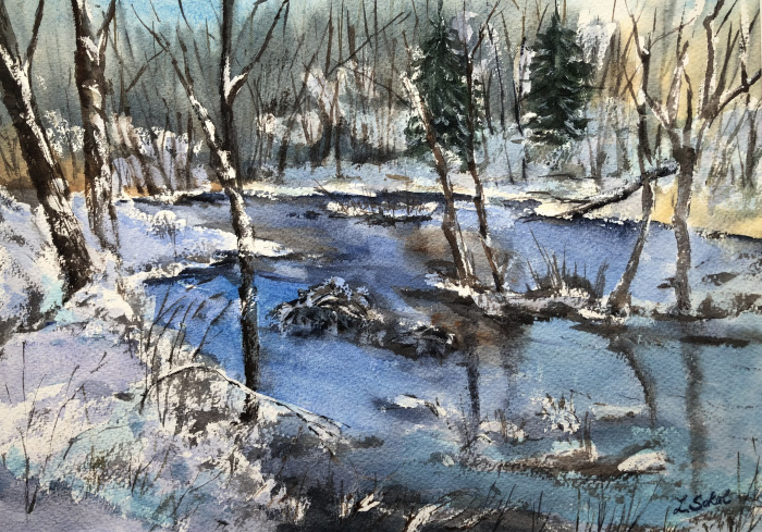 S. Lucia Sokol, "In the Woods after the Snow", watercolor, $450