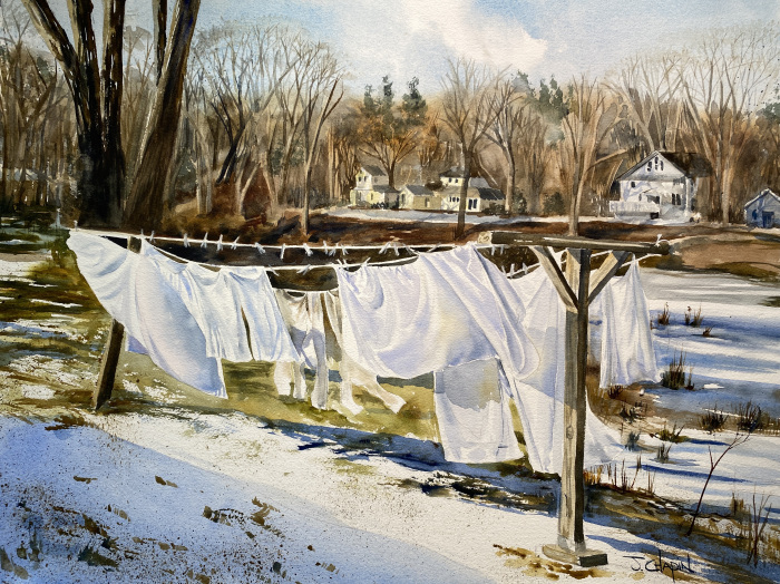 C. JoAnna Chapin, "Winter Laundry", watercolor, $900