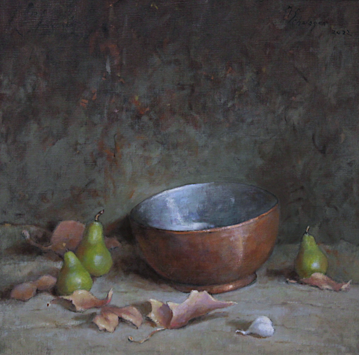S. Mathew F. Schwager, "Copper Bowl with Leaves", oil, $2,800