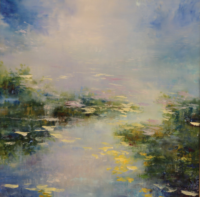 W. Melanie Ward, "Mist on the Pond", oil on aluminum, $1,400