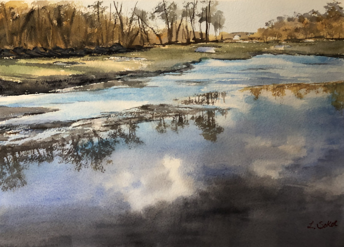 S. Lucia Sokol, "Thin Ice on the Golf Course", watercolor, $450