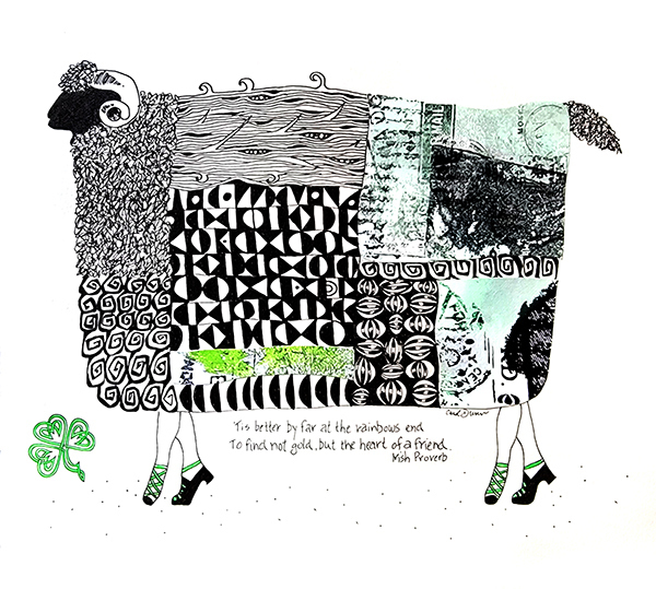 Dunn, Carol, "Step Dancing Ram", collage, pen & ink, $175
