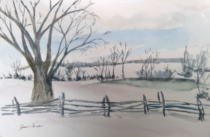 Joan Carew, "Winter's Gift", watercolor, 8x10, $200