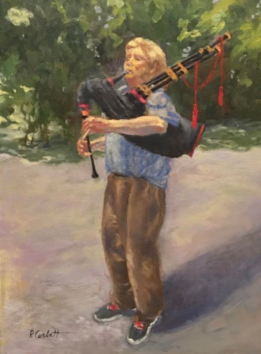 Patricia Corbett, "The Bagpiper", oil, 20x16, $2,500
