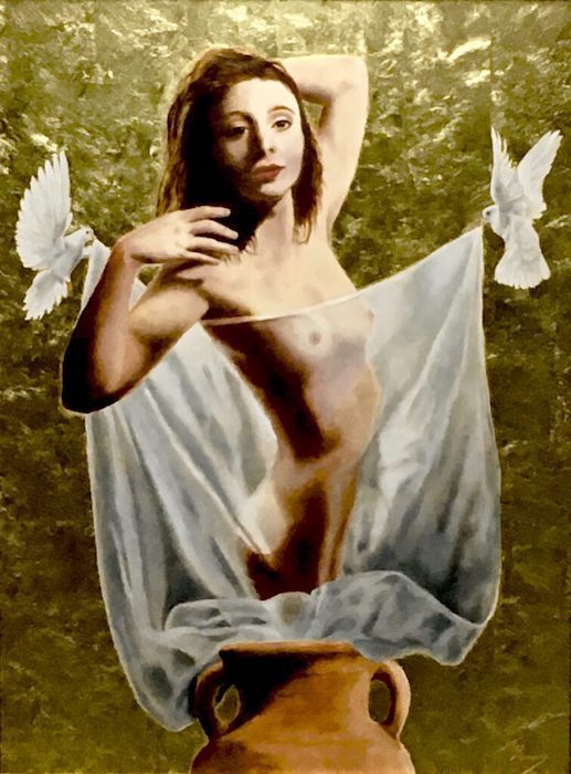 Ted Genard, "The Enchanted Amphora", oil/gold leaf on alumipanel, 20x27, $1,200
