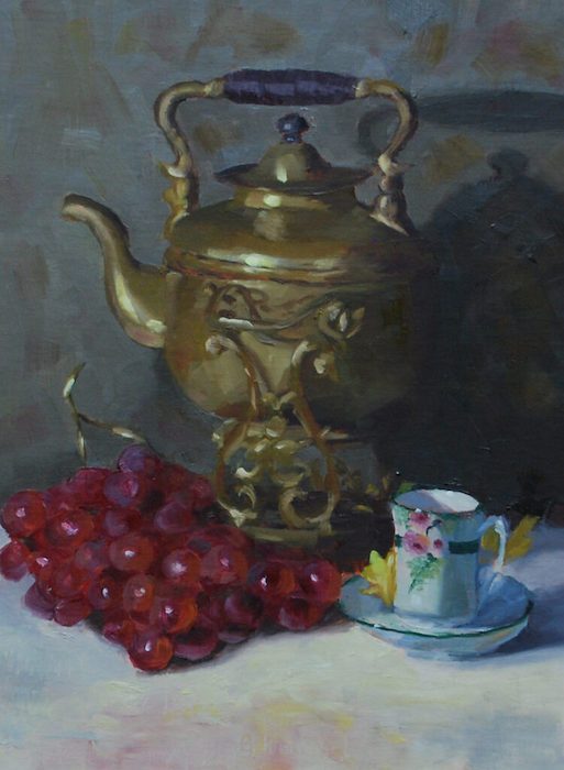 Ellen Hurley, "Grapes and Samovar", oil on linen, 16x12, $600